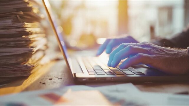 Close-up of a person's hands typing on a laptop keyboard, with a stack of documents to the side, bathed in warm, atmospheric sunlight. ..Created with Generative AI, not depicting real subjects.