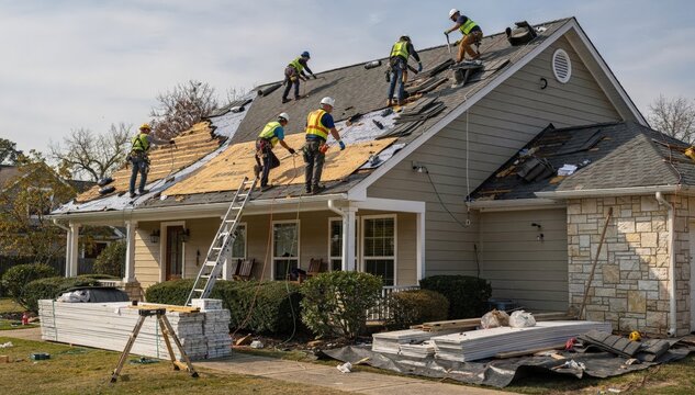 Twostory home roofing project in progress with workers efficiently removing weathered shingles and underlayment focusing on safety and teamwork on a steep surface.