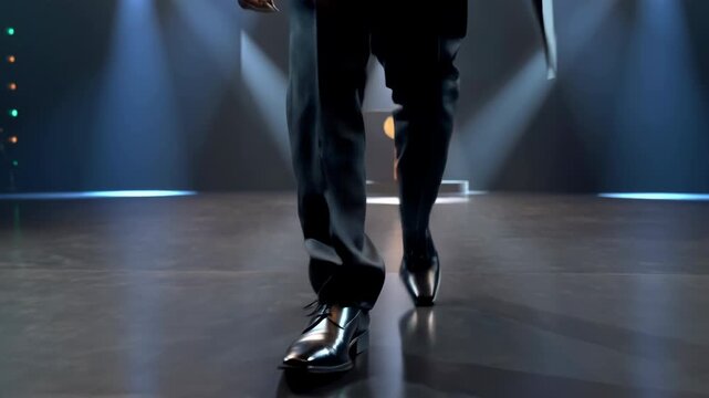 Feet Step Forward on Dim Stage Under Spotlight
