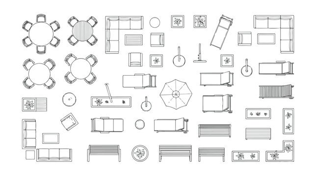 Outdoor furniture top view vector set, patio garden furniture floor plan symbols, modern terrace lounge and dining area layout elements