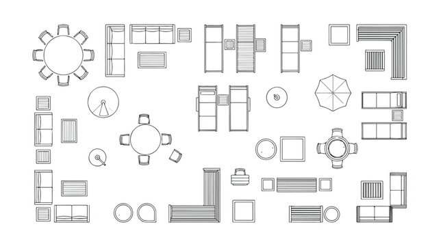 Outdoor furniture top view vector set, patio lounge and garden seating floor plan icons, terrace arrangement symbols for architectural landscape design
