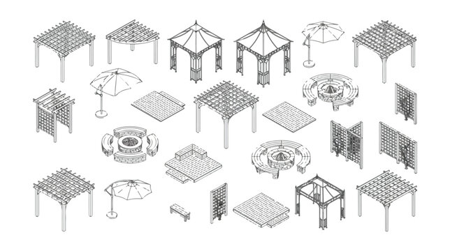 Isometric outdoor furniture set, backyard patio pergola and gazebo collection, 21 vector line icons of garden structures and fire pits for landscaping