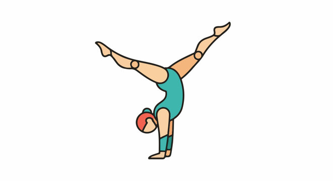 A gymnast in a teal leotard performing a handstand with legs spread