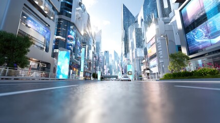 Obraz premium Modern Urban Cityscape with Futuristic Skyscrapers and Bright Digital Billboards at Daytime