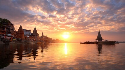 Naklejka premium Serene Sunset Over Riverside Temple with Reflections and Vibrant Skies in a Cultural Landscape