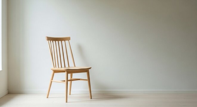 Minimalist wooden spindle back chair in a bright empty room with white walls.