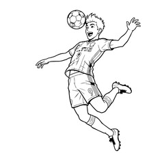 Fototapeta premium Young soccer player jumping, heading the ball, dynamic action, sports illustration