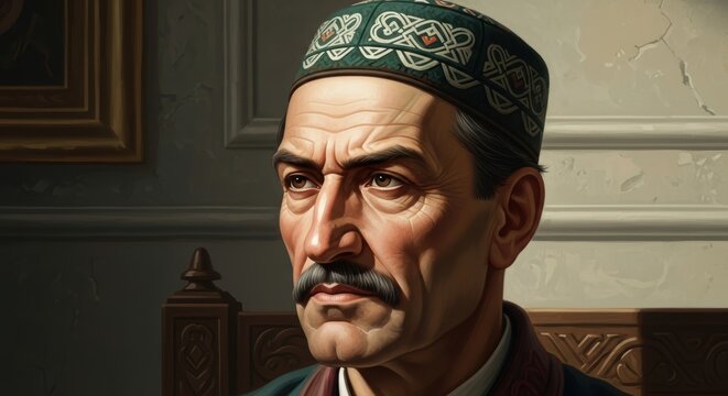 Portrait of a mature Tatar or Bashkir man in traditional embroidered skullcap tubeteika