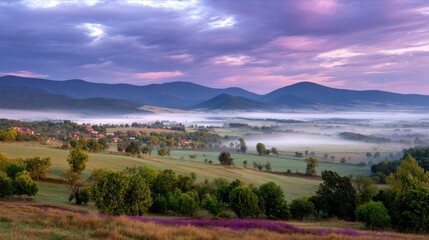 Obraz premium Serene Morning Mist Over Rolling Hills and Valleys at Dawn with Soft Pastel Skies in the Background