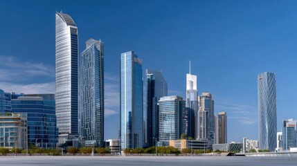 Obraz premium Modern Skyline of Tall Urban Buildings with Glass Facades Against a Clear Blue Sky