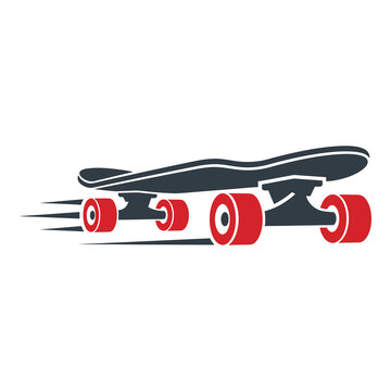 Longboard with red wheels moving fast on white background icon