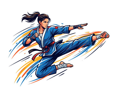 Dynamic female martial artist performing a powerful flying side kick in a blue uniform.