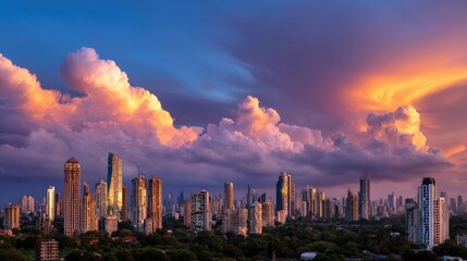 Obraz premium Stunning Sunset Over Urban Skyline with Colorful Clouds and Modern Architecture