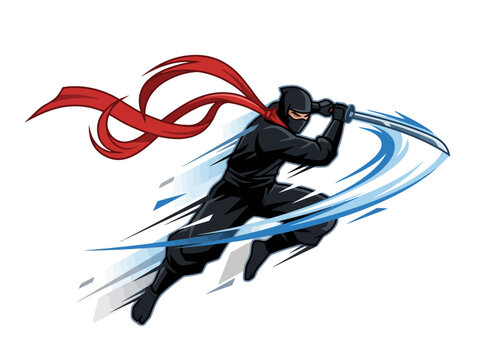 Dynamic illustration of a stealthy ninja warrior in mid-air combat motion.