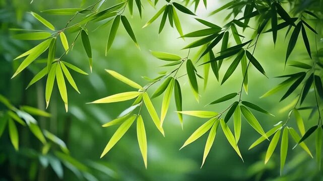 Beautiful close-up of vibrant green bamboo leaves on a branch with a soft, blurred forest background.