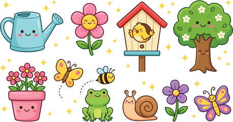 Cute spring garden elements collection, cartoon nature characters and vector illustration bundle © Vexora Studio