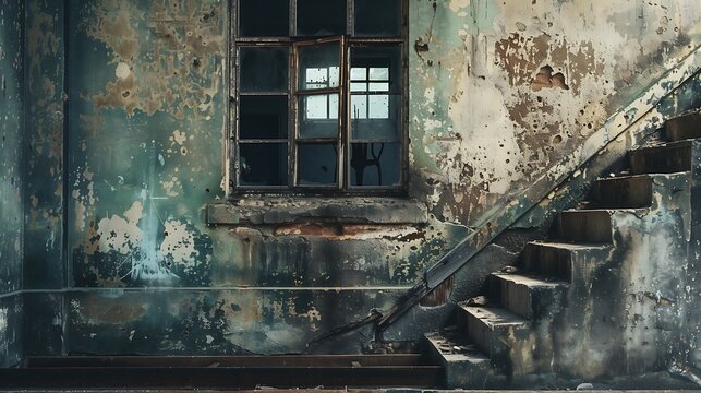 Decaying interior staircase peeling paint abandoned atmospheric 