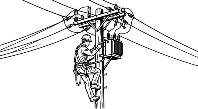 Electric lineman servicing transformer and power lines, detailed utility line art vector illustration design