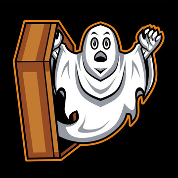Graphic vector illustration of a spooky ghost emerging from a coffin. Cartoon mascot design with bold outlines, perfect for Halloween themes, gaming logos, stickers, apparel, and branding projects.