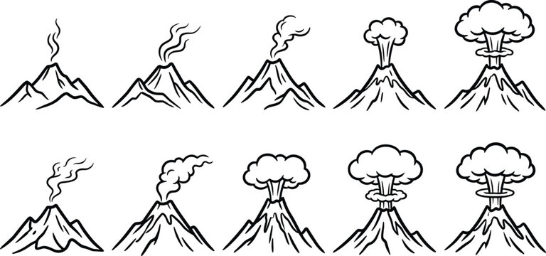 Volcano eruption stages collection with smoke and ash clouds, line art vector illustration set