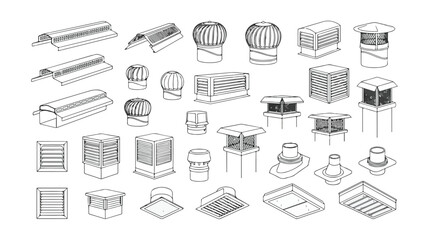 Industrial roof ventilation system icons, collection of 28 metal vent turbine and chimney cap line art vectors, HVAC architectural technical drawings © HayeGareebi