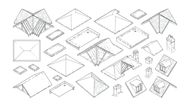 Architectural roof types vector set, hand drawn house roofing construction elements, isometric building top views for real estate and design