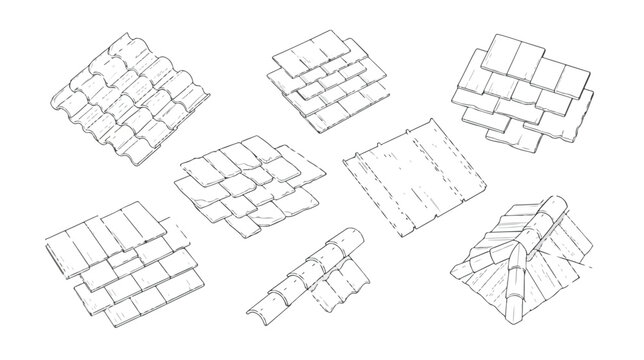 Architectural roof tile sketches, hand drawn roofing material collection, set of 8 house roof texture vector icons for construction and design