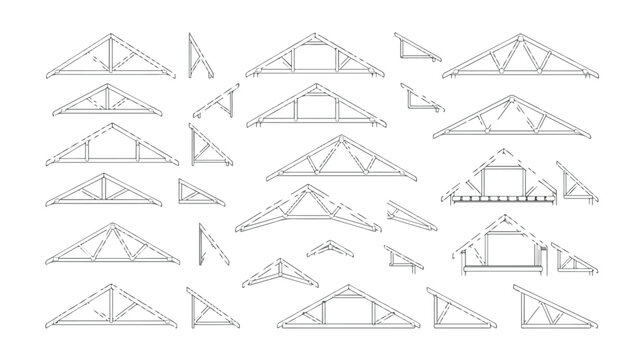 Architectural roof truss collection, technical timber framing diagrams for house construction, set of 25 wooden structural engineering vector icons