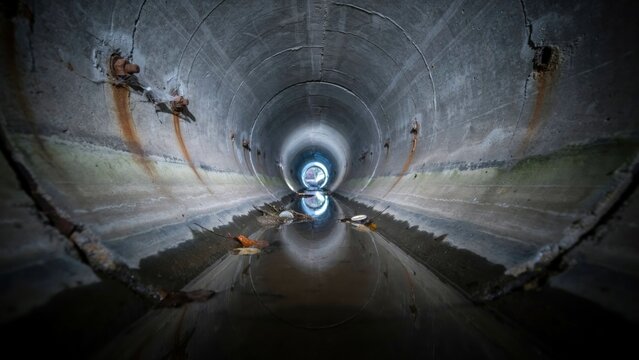 Inside view of a dark concrete drainage pipe tunnel