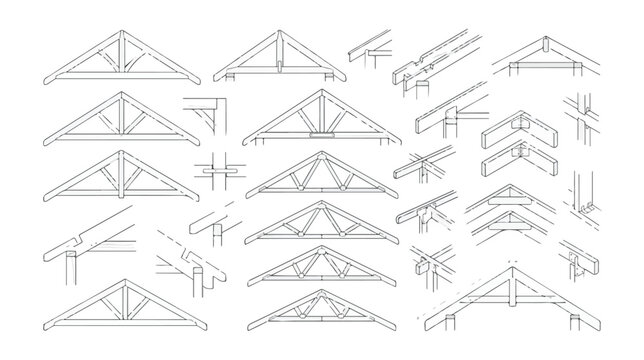 Timber roof truss vector set, architectural wood framing construction diagrams, structural carpentry joints and rafters collection for building design