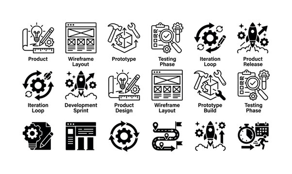 Product development icon set featuring agile workflow, prototyping, testing, wireframes and release planning