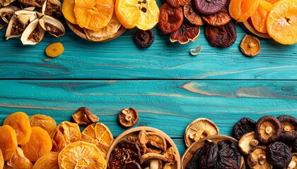 Fototapeta premium Dried fruits and mushrooms arranged on a blue wooden table top view.