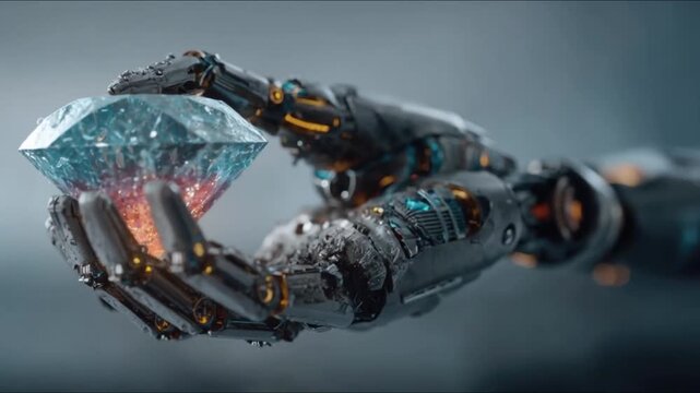 A robotic hand meticulously holds a brilliant, multifaceted diamond, symbolizing technological advancement and the value of precision. ..Created with Generative AI, not depicting real subjects.