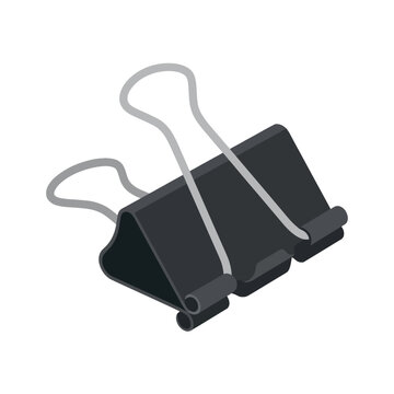A black metal binder clip is shown in an isometric view