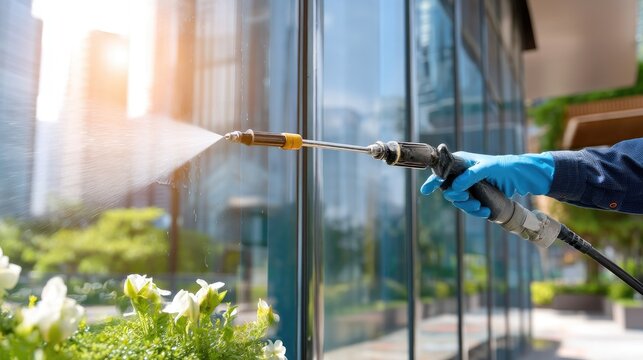 Professional Window Cleaning with High Pressure Water Spray in Urban Environment