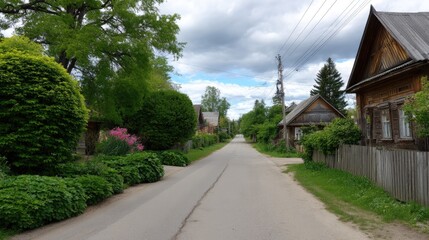 Obraz premium Peaceful rural street lined with lush greenery, traditional wooden houses, and blooming flowers under a cloudy sky