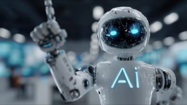 A futuristic robot with glowing blue eyes and the inscription AI on its chest points upwards. ..Created with Generative AI, not depicting real subjects.