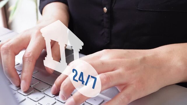 Close-up of a professional woman's hands using a computer with an animated bank icon and a button that says 24/7. Cash available 24 hours a day, 7 days a week.
