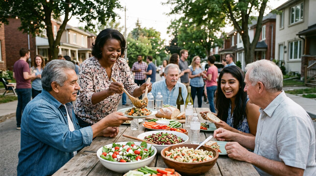 Diverse group of neighbors sharing a meal outdoors.