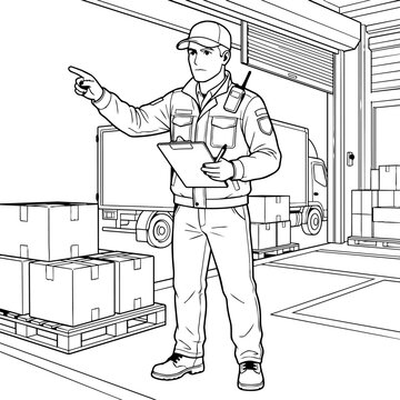Warehouse worker directing logistics, checking inventory with clipboard and radio