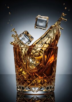 Close-up of golden whiskey splashing inside a cut crystal glass, captured with dramatic studio lighting for a luxury advertising aesthetic, premium, crisp, artistic
