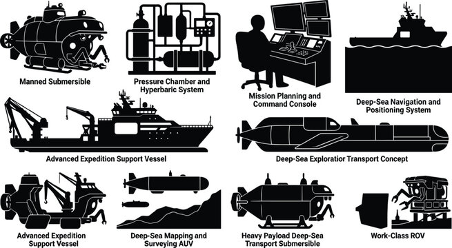 Deep Sea Exploration Submersibles and Marine Research Technology Silhouette Vector Collection Set