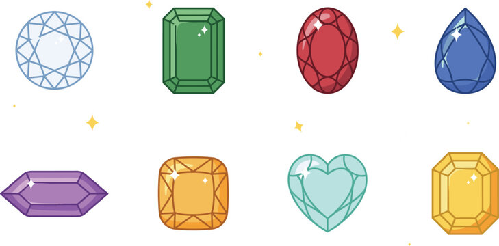 Colorful pixel art gemstones and crystals vector icon set featuring diamond emerald ruby sapphire amethyst heart shaped gem assets for retro game UI