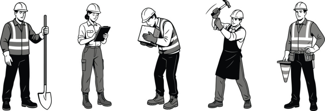 Construction workers vector illustration set featuring builders with hard hats safety vests shovel hammer box clipboard and traffic cone icons on white background