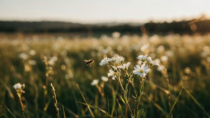 Honey bee flying over white wildflowers in a meadow © TechNova Graphics