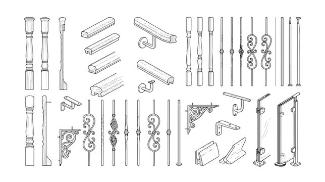 Architectural staircase railing components set, wrought iron balusters and wooden handrail vector icons, classic banister construction elements