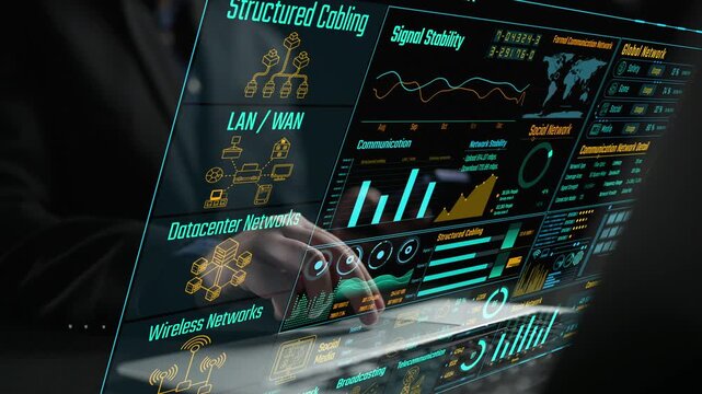 A professional examining an advanced communication network visualized with structured cabling metrics and performance analysis. Ideal for tech and data visualization projects. Cipher