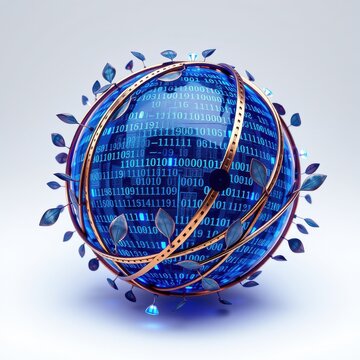 Blue sphere covered in binary code, surrounded by metallic rings, sprouting leaflike structures. Futuristic digital ecosystem concept.