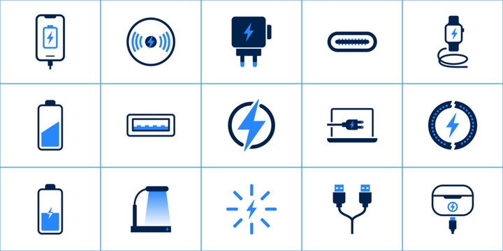 Minimalist blue charging and battery icon set featuring phone, wireless charger, power adapter, usb c, laptop, cable, and energy symbols for tech interfaces.