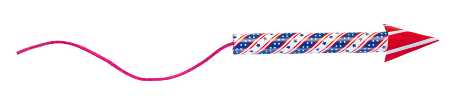Fourth of July rocket firework with long fuse on transparent background. Single firework in USA colors of red, white, and blue for patriotic US American 4th of July or America's Independence day.